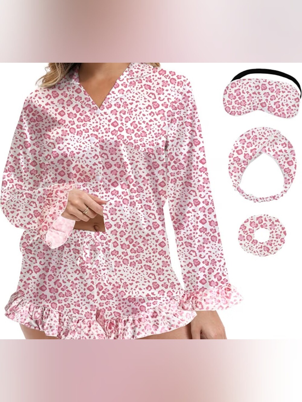 Women’s Pink Leopard Print Ruffle Pajama Set